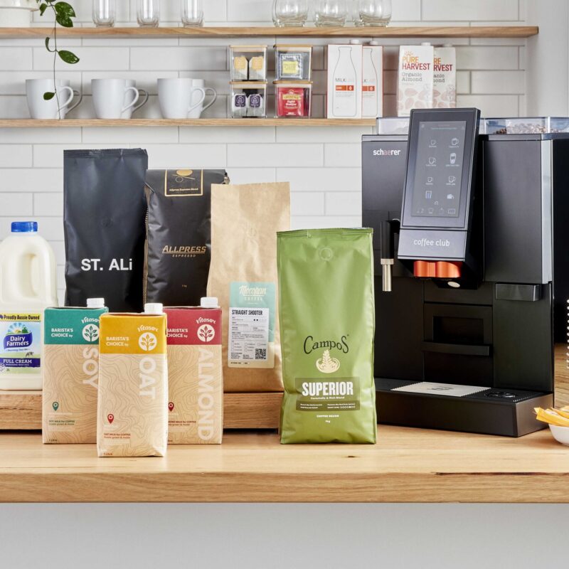 Series of office coffee supplies include milk, coffee beans and an office coffee machine